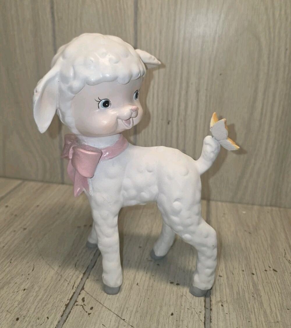 Vtg Little White Lamb W/Butterfly On Tail Nursery Childs Room Decor Kitschy